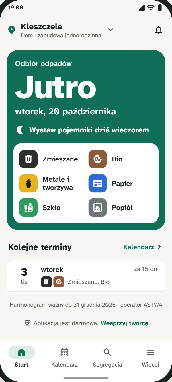Ekran startowy aplikacji: odbiór odpadów jutro i pojemniki do wystawienia